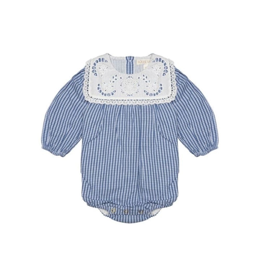 Blue Checkered Romper with Lace Detail